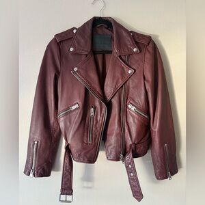 All Saints Red Leather Moto Jacket with Asymmetrical Zipper